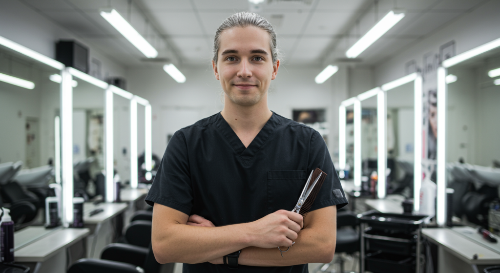 Male hairstylist holding scissors in a salon setting.