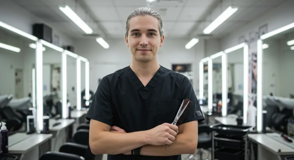 Male hairstylist holding scissors in a salon setting.