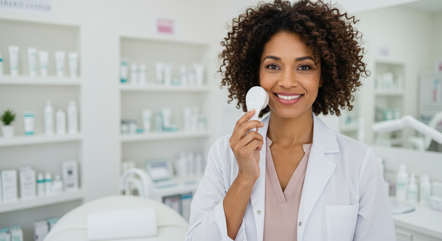 Female esthetician standing in an esthetics office holding a brush to her face.