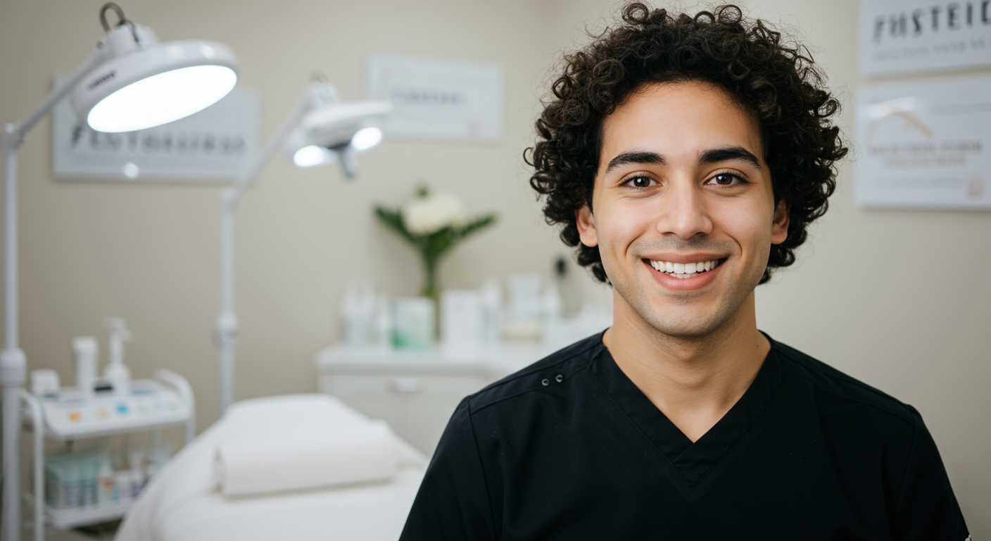 Male esthetician in an esthetics spa setting.
