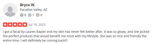 Five-star Yelp review praising a facial experience and friendly service